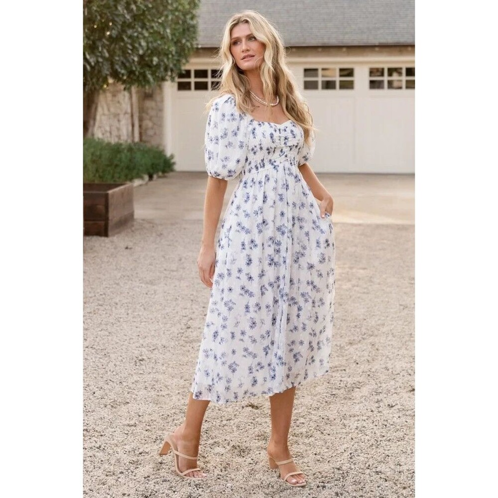 Baltic Born Luca Dress 1XL White Blue Floral Smocked Puff Sleeve Maxi Cottagecor